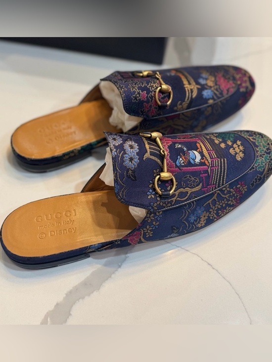 Gucci Other - Gucci Donald Duck floral silk horsebit mules with gold hardware